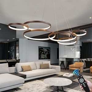 FWX Luminaire Suspendu LED Grand Lustre de Table d'intérieur Hauteur réglable Suspension Lampe de Salon Dimmable avec télécommande Lampes à Anneaux Modernes en Aluminium Plafonnier de café Restaurant (FWX★FR, neuf)