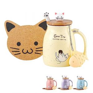 BigNoseDeer Adorable tasse &agrave; caf&eacute; en c&eacute;ramique avec joli couvercle d&eacute;cor&eacute; d&rsquo;un chat, cuill&egrave;re en forme de patte de chat, sous-tasse kawaii, tasse fantaisie matinale pour th&eacute;, lait, No&euml;l, 380 ml (Topbino, neuf)