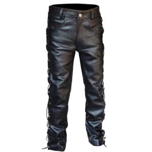 Pantalon en cuir &agrave; lacets avec lacets lat&eacute;raux - Pantalon de motard en cuir pour homme et femme - Jean &agrave; lacets en cuir de b&oelig;uf - Pantalon de moto d&eacute;contract&eacute;, Noir , XL (DONG qingyi, neuf)