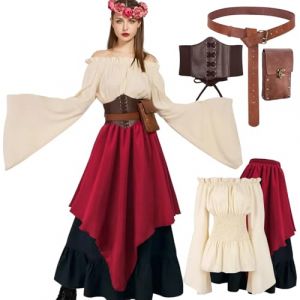 D&eacute;guisement M&eacute;di&eacute;val Femme, Robe longue style Renaissance avec corset, blouse &agrave; &eacute;paules d&eacute;nud&eacute;es, ceinture et bourse vintage, Costume victorien pour Carnaval, Cosplay et F&ecirc;te m&eacute;di&eacute;vale (Red, S) (ToyVibe, neuf)