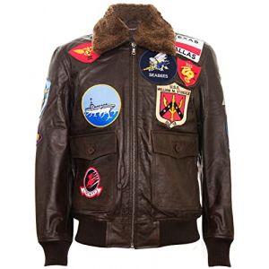 Infinity Leather Blouson Aviateur Top Gun Air Force Marron A2 Voyage en Cuir Pour Homme Avec Col et Patchs en Peau de Mouton XS (Infinity Leather Collection, neuf)