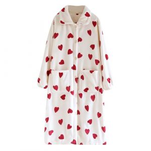 Robe de chambre boutonnée en polaire corail pour femme - Joli peignoir imprimé de dessin animé avec cœur et arbres - Joli peignoir à revers en polaire super douce - Manches longues et poches latérales (Mens Clothing Sale Clearance Uk, neuf)