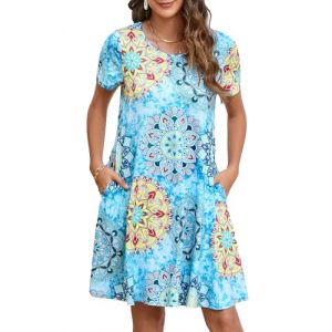 Enmain Noir Robe Femme ete &agrave; Manches Courtes Longueur Genou Robe t-Shirt &eacute;l&eacute;gante d&eacute;contract&eacute;e boh&egrave;me de Plage avec Poches, BleuJaune, 2XL (colorfulfashioneur, neuf)