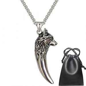Collier Viking Pendentif T&ecirc;te de Loup Celtique, Odin Dent de Loup Bijoux en Acier Inoxydable Cadeau Amulette Punk Vintage Nordique - Cha&icirc;ne de 60 Cm Hommes Et Femmes (wuhanshiqianlixingzhoumaoyishanghang, neuf)