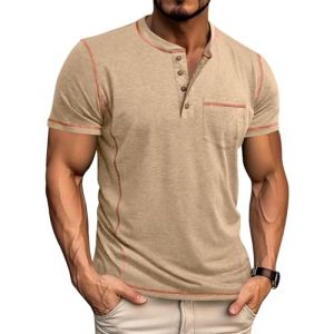 LAOARA Tee Shirt Homme T Shirt T-Shirts à Manches Courtes Homme Henley Col Tunisien Boutons Légére Tshirt Kaki 2XL (Laoara Store, neuf)