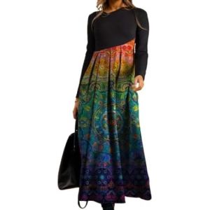 Robe pour femme &agrave; imprim&eacute; floral et &agrave; manches longues avec col rond pliss&eacute; - Robe longue ample de style boh&egrave;me &eacute;lastique - Robe &eacute;l&eacute;gante d&eacute;contract&eacute;e pour l'automne et l'hiver - Robe de soir&eacute;e, Orange (lucky star゛✡, neuf)