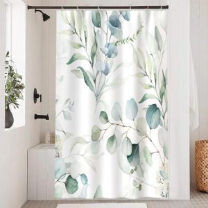 Uiiooazy Rideau Douche 120x180cm, Rideau de Douche Anti Moisissure Vert Feuilles d'eucalyptus Fleuri Blanc Rideaux de Baignoire Tissu Lavable Imperméable Rideaux Salle de Bain avec 8 Crochets (dongguibinjingpinxiaodianpu, neuf)