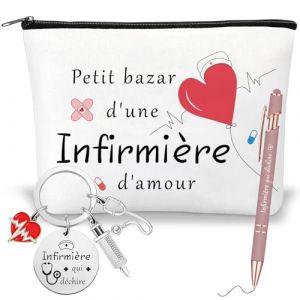 Cadeau Infirmiere Femme,Infirmiere Accessoires Pochette Trousse avec Stylo &agrave; Bille et Porte Cl&eacute; avec C&oelig;ur St&eacute;thoscope Seringue, Cadeau Collegue de Travail Femme Cadeaux de No&euml;l, Infirmi&egrave;re Qui D&eacute;chire (OGEEH, neuf)