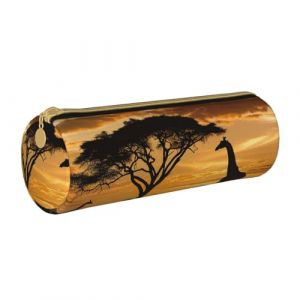 JKSEEPYN Trousse à crayons d'intérieur en cuir imprimé basket-ball pour étudiants, filles, garçons, trousse de maquillage ronde pour l'école, le bureau, les voyages, Girafe et arbres au crépuscule en (CERANQIANG, neuf)