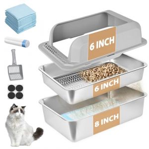 Homegroove Bac &agrave; liti&egrave;re en acier inoxydable pour granul&eacute;s de pin, 60 x 40 x 35,6 cm, taille XXL avec couvercle pour chat d'int&eacute;rieur avec pelle en plastique et 10 tampons d'urine (20,3 cm) (Homegroove, neuf)