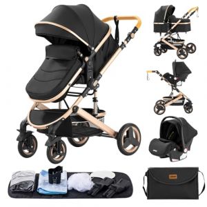 GLOKID Poussette 3 en 1，Poussette Canne，Trio，Avec Siège Accessoires，Adaptateurs Universels，Landau Bébé jusqu'à 25 kg，4 roues avec amortisseurs，Nacelle，Grandes Roues，pliage d'un clic (530 Noir) (EUCHILDREN, neuf)
