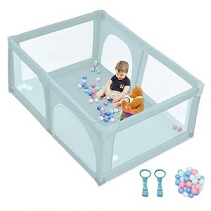 GOPLUS Parc Bebe 120x190cm, Grand Parc Bébé xxl avec 50 Boules Marines, 2 Anneaux, 4 Ventouses en Caoutchouc, Centre d'Activités Enfant pour Intérieur et Extérieur, Bleu (Augenstern24, neuf)