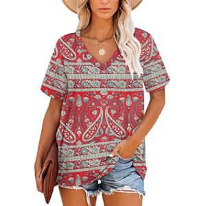 MOLERANI T-Shirt à Manches Courtes et col en V pour Femme Tunique d'été décontractée (Boho Fleuri Rouge,XXL) (MOLERANI-FR, neuf)