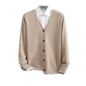 Cardigan en cachemire pour homme - Veste d'hiver tricotée - Couleur unie - Manches longues - Col en V, beige, Taille XL (HeNanHaoQiXingShangMaoYouXianGongSi, neuf)