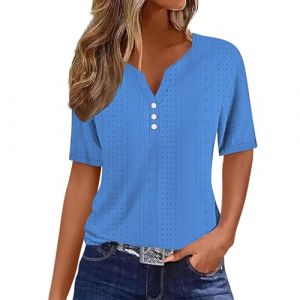 Chemisiers Et Blouses Femme Tunique Chemisier Femme Manche Courte Chic Et &Eacute;L&eacute;Gant Chemises Couleur Unie &Eacute;T&eacute; Ample Haut Top &agrave; Revers L&acirc;Che Respirant Blouse Grande Taille Col V Button T Shirts (⭐⭐⭐⭐⭐5.0 Yaair-OEF, neuf)
