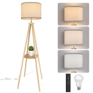 YooShine Lampadaire de salon avec &eacute;tag&egrave;re Lampadaire &agrave; intensit&eacute; variable 2700K-6500K Structure en bois avec tablette et t&eacute;l&eacute;commande Lampe pour salon, chambre &agrave; coucher, bureau Bois (HSTD, neuf)