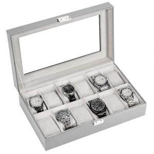 Procase Boite &agrave; Montre Antichoc, Coffret Montre Homme avec 12 Emplacements Coussins Montre, Rangement Montre avec Couvercle en Verre, pour Passionn&eacute; d&rsquo;Horlogerie -Gris (ChangBo Store, neuf)