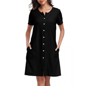 Lovasy Chemise de Nuit Femme Coton Chemise de Nuit Manches Courtes Robe De Nuit Boutonn&eacute;e Devant Tee Shirt de Nuit Femme Grande Taille avec Poches Lat&eacute;rales B Noir XXL (Lovasy Direct, neuf)