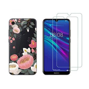 NOVAGO Compatible avec Huawei Y6 2019,Y6S 2019 /Honor 8A -Coque Souple Solide Anti Choc avec Impression + 2 Films Protection &eacute;cran Verre tremp&eacute; r&eacute;sistant (Coque+ 2 Films, Grosse Fleur) (NOVAGO-Vendeur PRO fran&ccedil;ais, neuf)