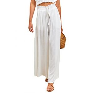Osheoiso Pantalon Femme Élégant Pantalon Couleur Unie Taille Elastique Grande Taille Casual Pantalon en Coton et Lin Léger Élastique Culotte Bouffante pour Eté A Blanc M (Osheoiso Inc., neuf)