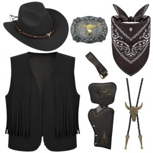 Saier tbo 7 Pièces Cowboy Costume Accessoires pour Hommes, Western Cowboy Fancy Dress Set avec Chapeau Gilet à Pompons Bandana à Boucle Bolo Ceinture Holsters pour Carnaval Cosplay Fantaisie (Qi ShiPengDeshop, neuf)