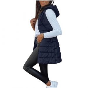 RLEHJN Doudoune Sans Manches Avec Capuche Femme Longue Doudoune Sans Manche Gilet Ultra Chaud L&eacute;g&egrave;re Veste Manteau Parka Blouson Zipp&eacute;e Capuche Gilet Duveteux Femme Hiver Waistcoat Avec Poches (⭐⭐⭐⭐⭐RLEHJN, neuf)