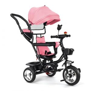 Tricycle B&eacute;b&eacute; &Eacute;volutif 4 en 1, Tricycle B&eacute;b&eacute; &Eacute;volutif avec Poign&eacute;e de Pouss&eacute;e R&eacute;glable, Canne, Cloche et R&eacute;troviseurs, Grandir avec Son b&eacute;b&eacute;, Rose (Willanmd, neuf)