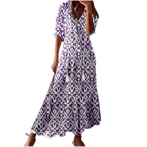 Robe Longue Femme Ete Fluide Boheme Robes de Plage &Eacute;t&eacute; Robe Fleurie Femme Chic et Elegant d'&Eacute;t&eacute; A-Line Maxi Robes mi Longue de C&eacute;r&eacute;monie Mariage Manches 3/4 Casual Respirant Boho Dress Solde Cadeau (⭐⭐⭐⭐⭐AEGJEGVD⭐⭐⭐⭐⭐, neuf)