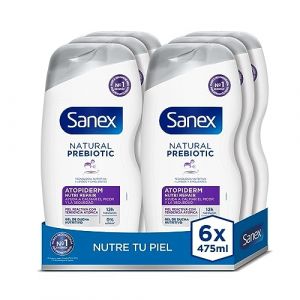 Sanex Natural Prebiotic Atopiderm Gel douche - Lot de 6 x 475 ml - Gel de bain pour peau r&eacute;active avec tendance atomique - Aide &agrave; apaiser les d&eacute;mangeaisons et la s&eacute;cheresse, 12 heures d'hydratation (Bienfaisant - GRATUITE Livraison + 150 EUR / Promo, neuf