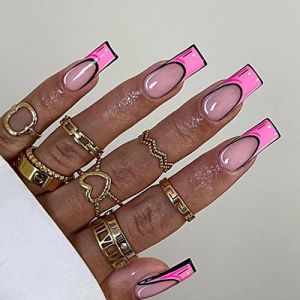 AKOFIC 24 Pi&egrave;ces Carr&eacute; Faux Ongles Fran&ccedil;ais, Rose et Blanc Faux Ongles de Cercueil avec Colle &agrave; Ongles, Press On Nails Faux Ongles &agrave; Coller Nail Art pour Femme et Fille (Akofic, neuf)