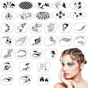 SRIZIAN 32 pièces Pochoirs de Peinture pour Visage, Modèles Tatouage Réutilisables, Pochoirs Tatouage pour les Yeux Pochoirs Peinture Corporelle pour les Enfants Fête Vacances Halloween Maquillage (Spmow eu, neuf)