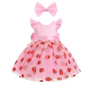 IDOPIP Manches Volantes Enfant Fille Robe Bébé Fille Ligne A Tulle Tutu Robe avec Tête De Soirée Robe de Mariée Robes De Fête Sequins étoiles Fraises Broderie De Fleurs Rose 12-18M (BXH, neuf)
