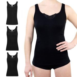 SES Top avec Dentelle Femme 36-52 en Lot de 3 Noir 100% Coton/Débardeur avec Dentelle pour Femme en Maille Fine et Douce/Caraco Femme Dentelle Basique ou Maillot de Corps Femme avec Dentelle (SES St, neuf)