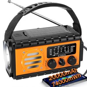 Radio Dynamo Survie 20000mah SW/AM/FM, Lampe Dynamo Survie Solaire, Grande Batterie, Portable Charge de Téléphone Portable, SOS, Lampe de Poche Radio Manivelle Survie pour Urgence/Maison（Orange） (Meiruijia Electronics, neuf)