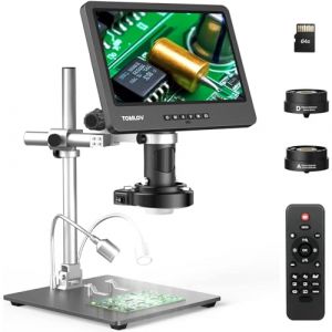 TOMLOV DM602 Pro Microscope Numérique HDMI à Trois Lentilles, Microscope à Souder LCD 10" avec éclairage Annulaire, écran IPS, Microscope pour Adultes, Carte 64GB, Support 10", Compatible Windows/Mac (TOMLOV EU, neuf)