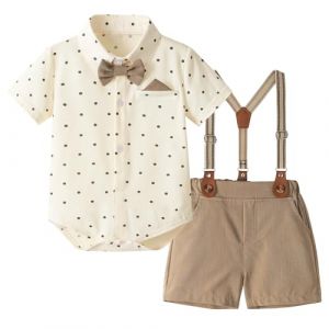 Volunboy B&eacute;b&eacute; Gar&ccedil;on Ensemble Costume, Manches Courtes Noeud Papillon Chemise avec Short Bretelle Barboteuse（Points Kaki，6-9 mois，Taille 66） (Volunboy, neuf)