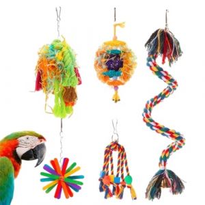 Walopola Lot de 5 jouets à mâcher pour perroquet gris du Gabon, boule en rotin et corde de coton, accessoires colorés pour cage en papier écrasé pour perroquets gris du Gabon, calopsittes et perruches (Luchicy, neuf)