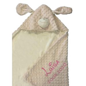 Couverture &agrave; capuche / serviette &agrave; capuche brod&eacute;e avec nom et date de naissance / Couverture &agrave; capuche en Nicki/picots &ndash; Chaud / 75 x 75 cm (Beige/Chien) (KIDDI-MEDIA, neuf)