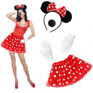 FainFun Deguisement Mouse Femme, Costume de Mouse pour femme et adulte,Tutu à Pois Rouge,Mouse Bandeau,Gant Blanc,Nez Noir,Deguisement Carnaval Femme Fille (JUNQIAN, neuf)