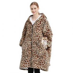 SHUOJIA Sweat Plaid Femme, Sweat &agrave; Capuche surdimensionn&eacute; Peignoir Chaud en Flanelle Sweat &agrave; Capuche Super Doux et Confortable Wearable Blankets, Hiver Chaud Sherpa Adulte (Leopard) (SHUOJIA, neuf)