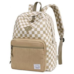 VASCHY Sac &agrave; Dos Velours C&ocirc;tel&eacute; Fille, 17.8L Sac &agrave; Dos Ordinateur avec Motifs Vichy & Fraise Mignonne pour &Eacute;l&egrave;ve Primaire Coll&egrave;ge Lyc&eacute;e Universit&eacute; Voyage, Vichy Kaki Blanc (Vaschy, neuf)