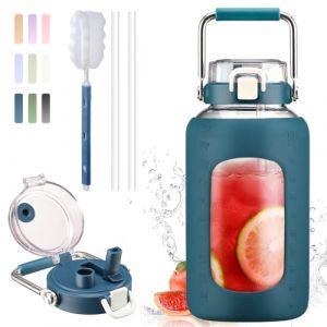 BLUEGO 2500ml Bouteille d'eau en verre avec poign&eacute;e en acier inoxydable 2,5L Grande Gourd avec marqueurs de temps et manchon en silicone Carafe &agrave; eau Sans BPA pour sport, Bleu fonc&eacute; (Banxiashenghua, neuf)