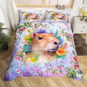 Mignon Capybara Sets de Housse de Couette Brun Capybara Housse de Couette Cartoon Capybara Parure de Lit 140x200cm Pour Enfants Floral Capybara Parure Housse de Couette Botanical Décor Léger (Bofanshangmao, neuf)