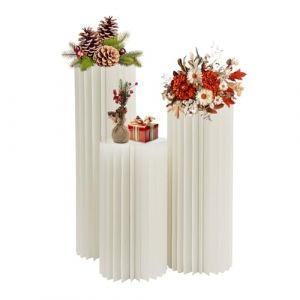 FROPIJ Lot de 3 vases en carton de mariage - Support de fleurs - Colonnes d&eacute;coratives pliables avec plaques en PVC - Centre cylindrique - Cr&eacute;atifs pour mariage, f&ecirc;te, jardin (blanc) (Alibov, neuf)