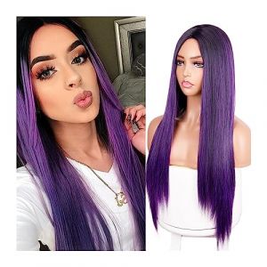 Perruques pour femmes Violet synthétique femme juste perruque Cosplay longue lisse perruque violet quotidien fête résistant à la chaleur sans colle Perruque pour une utilisation quotidienne en soiré (mengliouzhou, neuf)