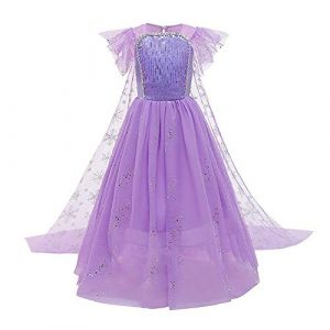 IWEMEK Filles Déguisements Princesse Elsa Robe Longue avec Cape Reine des Neige 2 Costume de Carnaval Halloween Noël Robes de fête d'anniversaire Enfants Violet 6-7 Ans (IWEMEK, neuf)