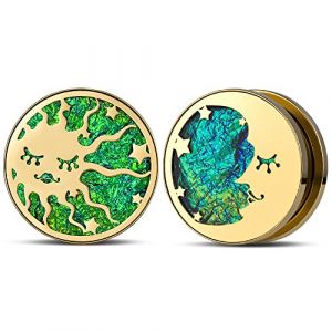 KOOBODY 1 paire de bouchons d'oreille Sun Moon Star bouchons creux filetage ajustement Tunnel or vert clair extenseur acier inoxydable perforation 8mm - 25mm (PUNKYOUTH JEWELRY, neuf)