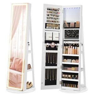SONGMICS Armoire à Bijoux sur Pied, Armoire avec Miroir, Organisateur à Bijoux, avec Éclairage Réglable, Verrouillable, Pleine Longueur, Grand Espace de Rangement, pour Chambre, Blanc Nuage JJC008W03 (SONGMICS HOME FR, neuf)
