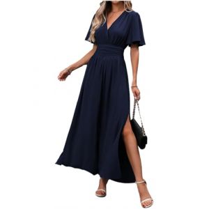 LUVCES Robe Longue Femme Chic et &Eacute;l&eacute;gante Col V Pliss&eacute;e Taille Haute Robe d'&eacute;t&eacute; Portefeuille Manche Courte Fente Lat&eacute;rale Solide Maxi Robes pour Femmes Bleu Marine S (SANYI FASHION, neuf)