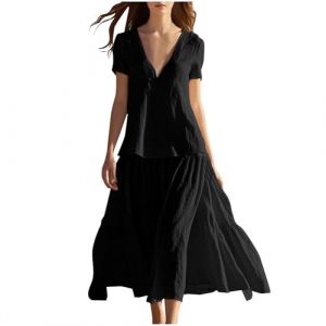 Femme Robe Boheme Chic Coton Lin Manches Longues/Manches Courtes Robe Col V Elegant Robes Swing D'éTé Plage DéContracté Maxi Robes Grande Taille Couleur Unie BohèMe Mi-Longue Dress (HAOLEI  FR, neuf)